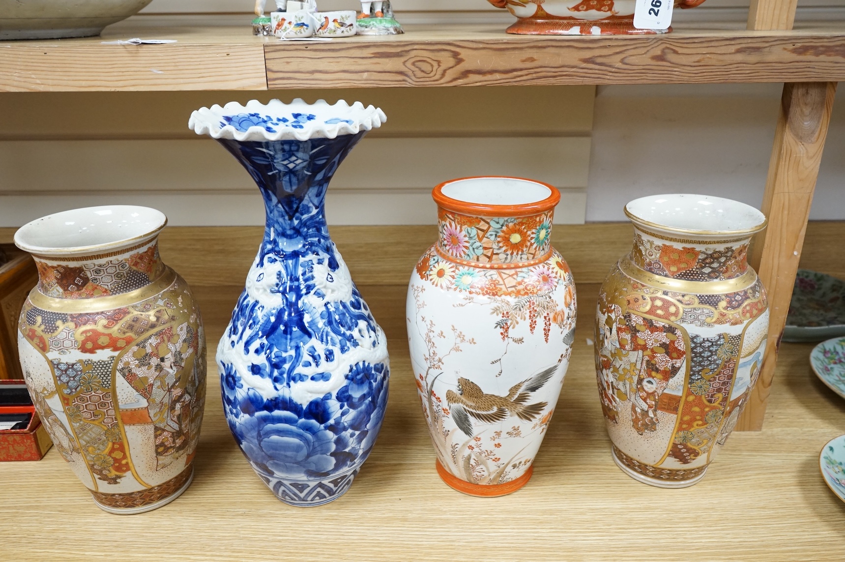 A Japanese blue and white vase, a pair of Satsuma vases and a Kutani vase, Chinese vase 41cm high